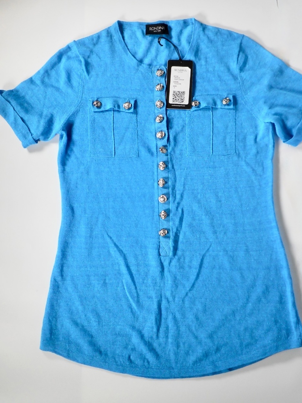 NWT Rondina NY Turquoise Blue Sz S Crewneck Henley Button Linen Blend